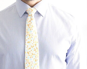 White and Yellow Floral Tie/mens floral tie/necktie/handcrafted tie/tie/summer tie/floral tie/wedding tie