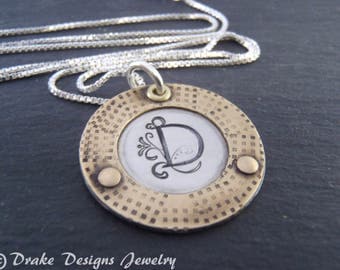 Rustic initial necklace sterling silver and brass personalized jewelry birthday gift for her