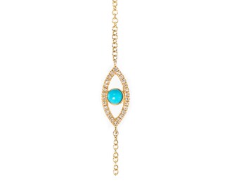 14K Gold Evil Eye Bracelet Diamond and Turquoise/Cute/Dainty