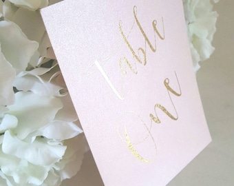 blush and gold table number cards gold foil