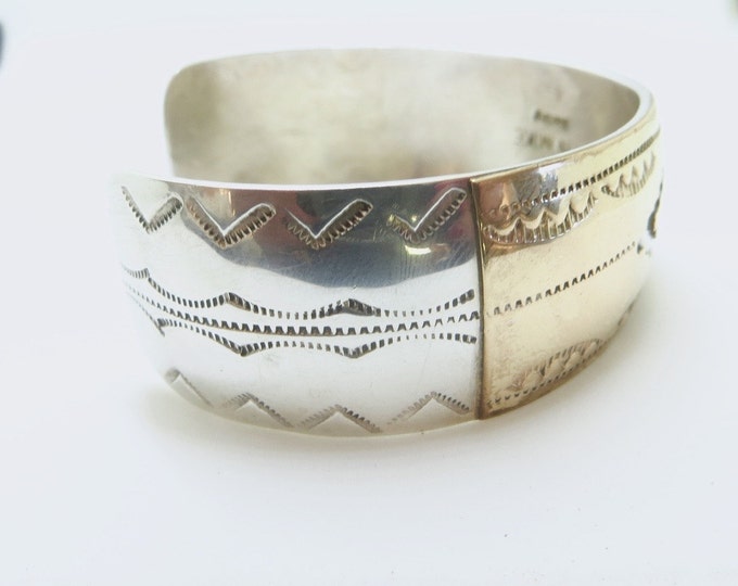 Navajo Cuff Bracelet, Gold Plated Sterling Silver, Signed John Mike, Vintage Navajo Jewelry