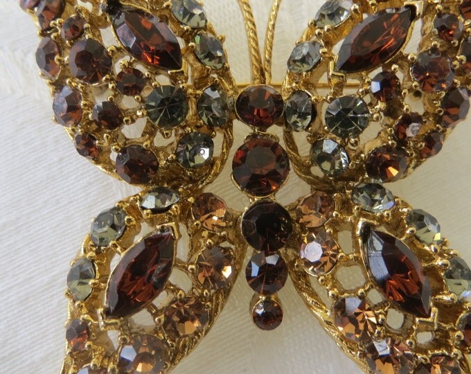 Vintage Rhinestone Butterfly Brooch, Amber Rhinestones, Butterfly Jewelry