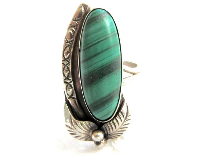 Vintage Navajo Ring, Sterling Silver with Malachite Stone, Size 8, Southwestern Jewelry
