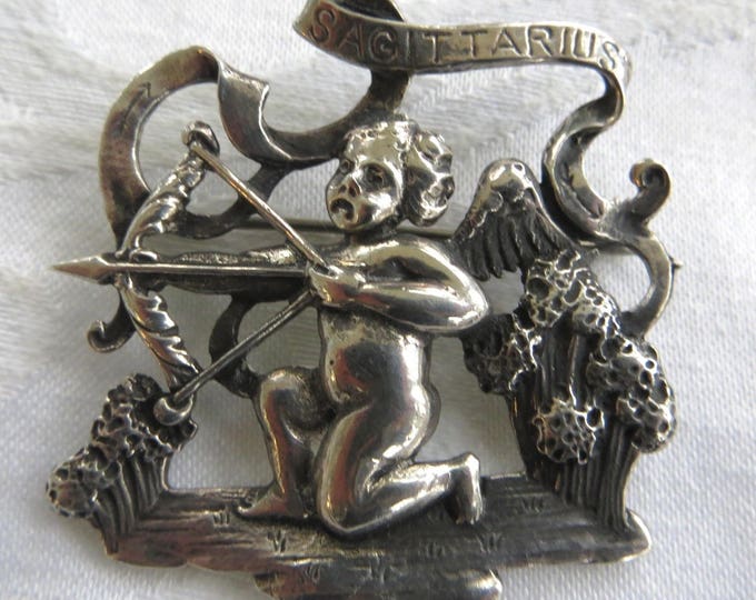 Vintage Cini Sterling Sagittarius Brooch, "The Archer" Cherub with Archery Bow, 1940s Sagittarius Pin