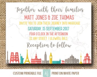 Travel Themed Wedding Invitation or Invite Suite- Vibrant Map Invite for Destination Wedding- Customization Included