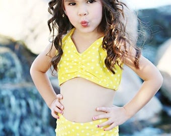 SALE Girls retro yellow & white polka dot high waist bikini two piece kids sizes 2-12