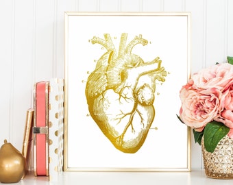 Anatomical Heart Print, Nursing Student Decor, Human Heart Anatomy Art, Anatomic Heart, Anatomy Print, Faux Gold Foil, Grad Doctor Gift