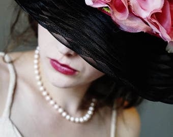 Black Hat, Downton Abbey Hat, Kentucky Derby Hat, Steeplechase Hat, Wedding Hat, Derby Hat, Tea Party Hat, Large Brim Hat, Style H-2