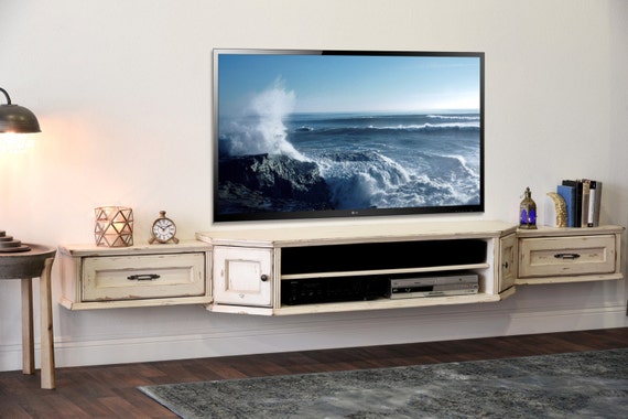 Rustic White Wall Mount Entertainment Console TV Stand