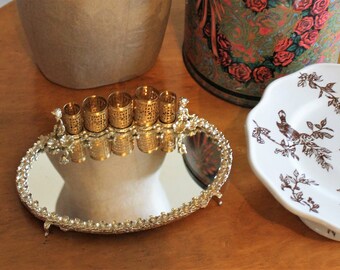 Vintage Brass Dresser Mirror Lipstick Holder with Cherubs and Floral Detail