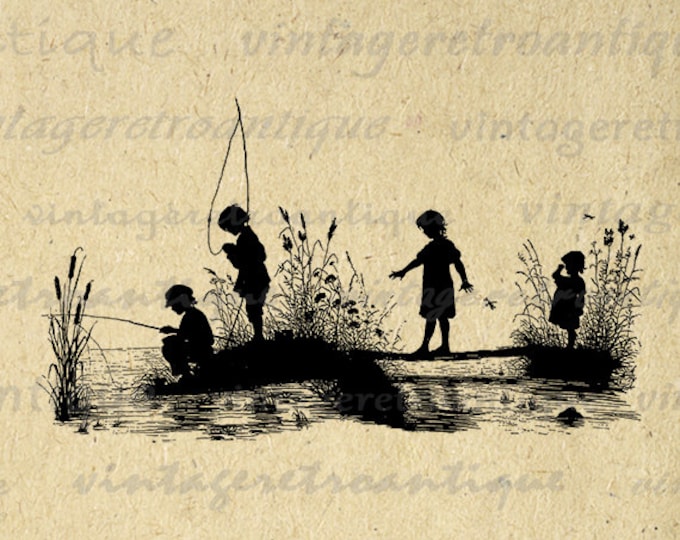 Children Fishing Silhouette Graphic Digital Printable Boy Girl Fish Cute Download Image Artwork Antique Clip Art Jpg Png HQ 300dpi No.3271