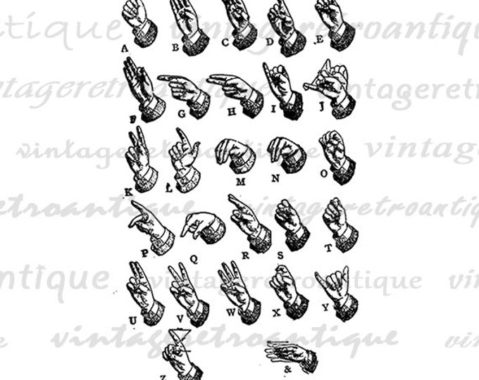 Digital Sign Language Alphabet Hand Sign Letters Printable Image Collage Sheet Graphic Art Antique Clip Art Jpg Png Eps HQ 300dpi No.1034