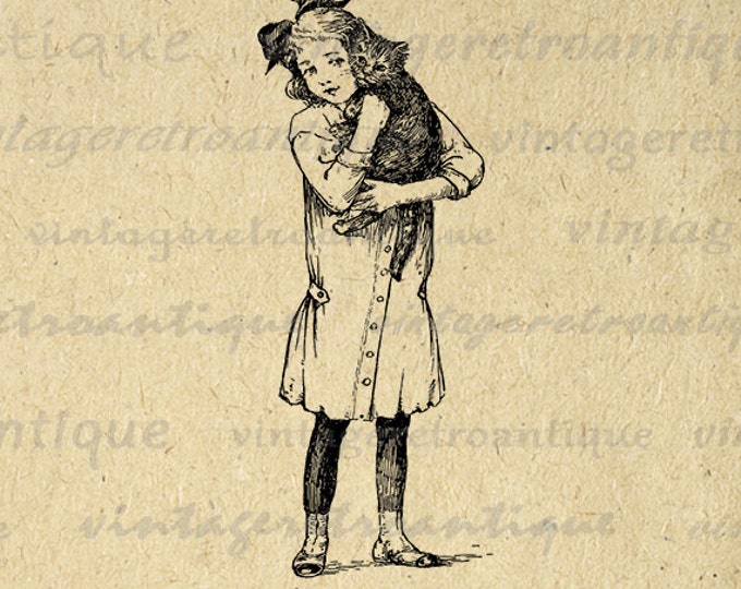 Girl with Kitten Graphic Digital Download Cat Image Antique Printable Vintage Clip Art Jpg Png Eps HQ 300dpi No.300