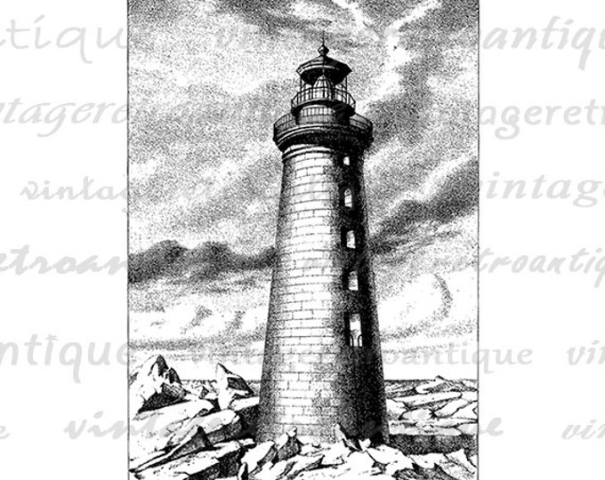 Lighthouse Printable Graphic Digital Download Illustration Image Vintage Clip Art Jpg Png Eps HQ 300dpi No.2127