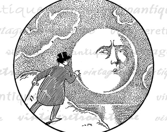 Printable Graphic Antique Man and Moon Download Digital Image Illustration Vintage Clip Art Jpg Png Eps HQ 300dpi No.1933