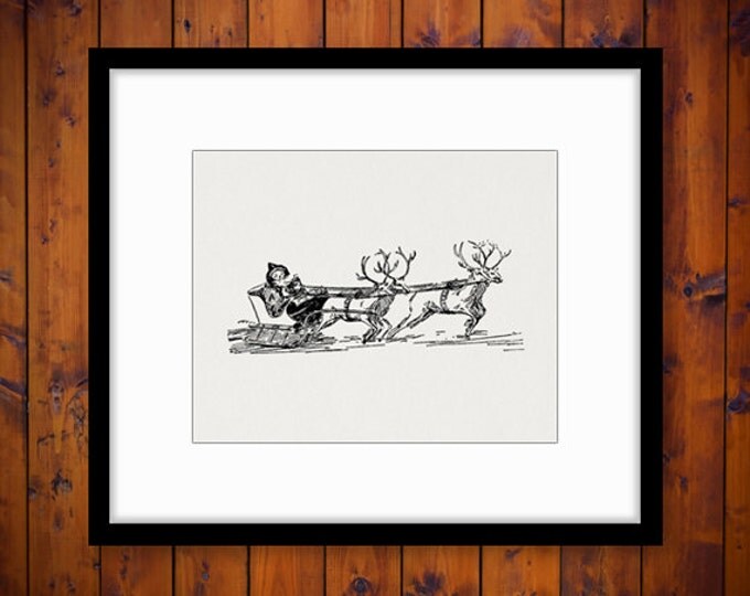 Santa Claus with Sleigh and Reindeer Digital Image Download Printable Graphic Vintage Clip Art Jpg Png Eps HQ No.2379