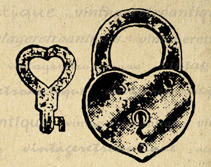 Heart Shaped Lock and Key Graphic Digital Image Padlock Printable Download Vintage Clip Art Jpg Png Eps HQ 300dpi No.1341