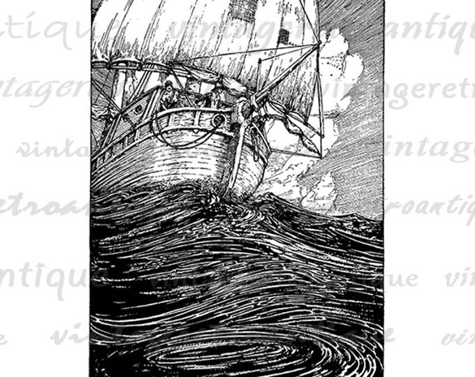 Antique Ship and Sea Image Digital Graphic Illustrated Printable Boat Download Vintage Clip Art Jpg Png Eps HQ 300dpi No.2655