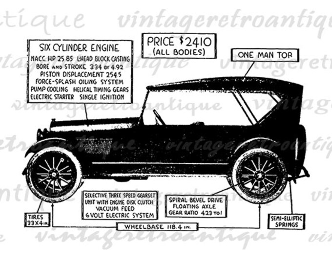 Antique Car Diagram Printable Graphic Image Vintage Illustration Digital Download Clip Art Jpg Png Eps HQ 300dpi No.3411