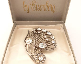 Eisenberg Original Sterling Silver and Clear Rhinestone Fur Clip In Original Box 1940s