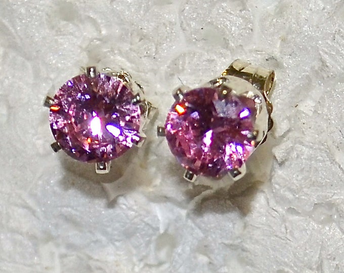 Pink Diamond Studs, 5mm Round, Russian Simulated, Set in Sterling Silver E1058