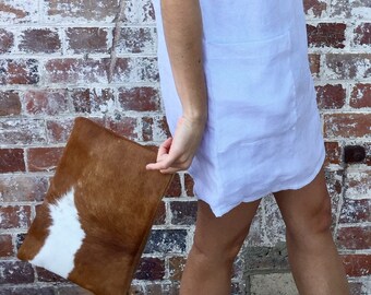 MEDIUM Tan & White Natural Cows Hide Clutch- Animal Print Case with Suede Lining, Leather Tassel - iPad Case
