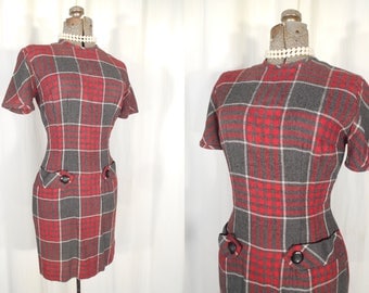 Vintage 1950s Dress - Bombshell Rockabilly 50s Red Plaid Wiggle Dress Small