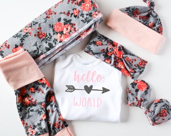 Baby Girl Coming Home Outfit: CHOOSE COMBO Hello World Heart Arrow Bodysuit, Floral Leggings or Shorts, Headband, Hat, Swaddle, Mittens