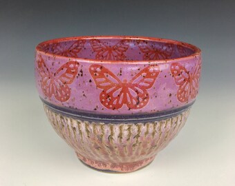 Pink ceramic cereal bowl with butterflies, ceramic prep bowl, pink stoneware bowl, ref butterfly, pink pottery bowl