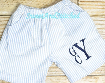 Monogrammed Seersucker Swimsuits, Monogrammed Boys swim trunks, monogrammed boys swimsuit, bathing suit, Boys seersucker swimsuit