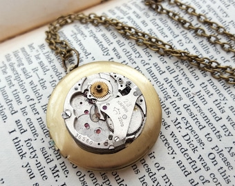 Steampunk necklace watch movement, brass locket, vintage mechanism, bronze chain