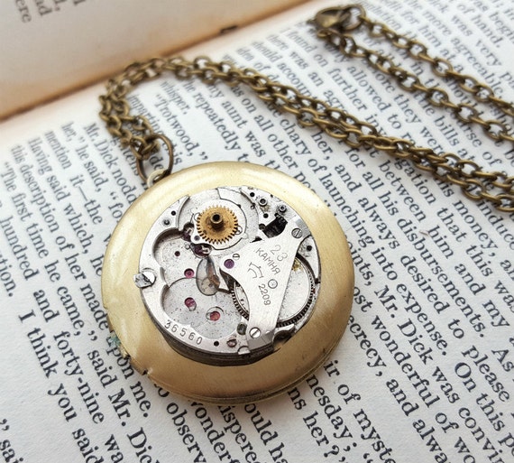 Steampunk necklace watch movement, brass locket, vintage mechanism, bronze chain by PirateTreasures steampunk buy now online