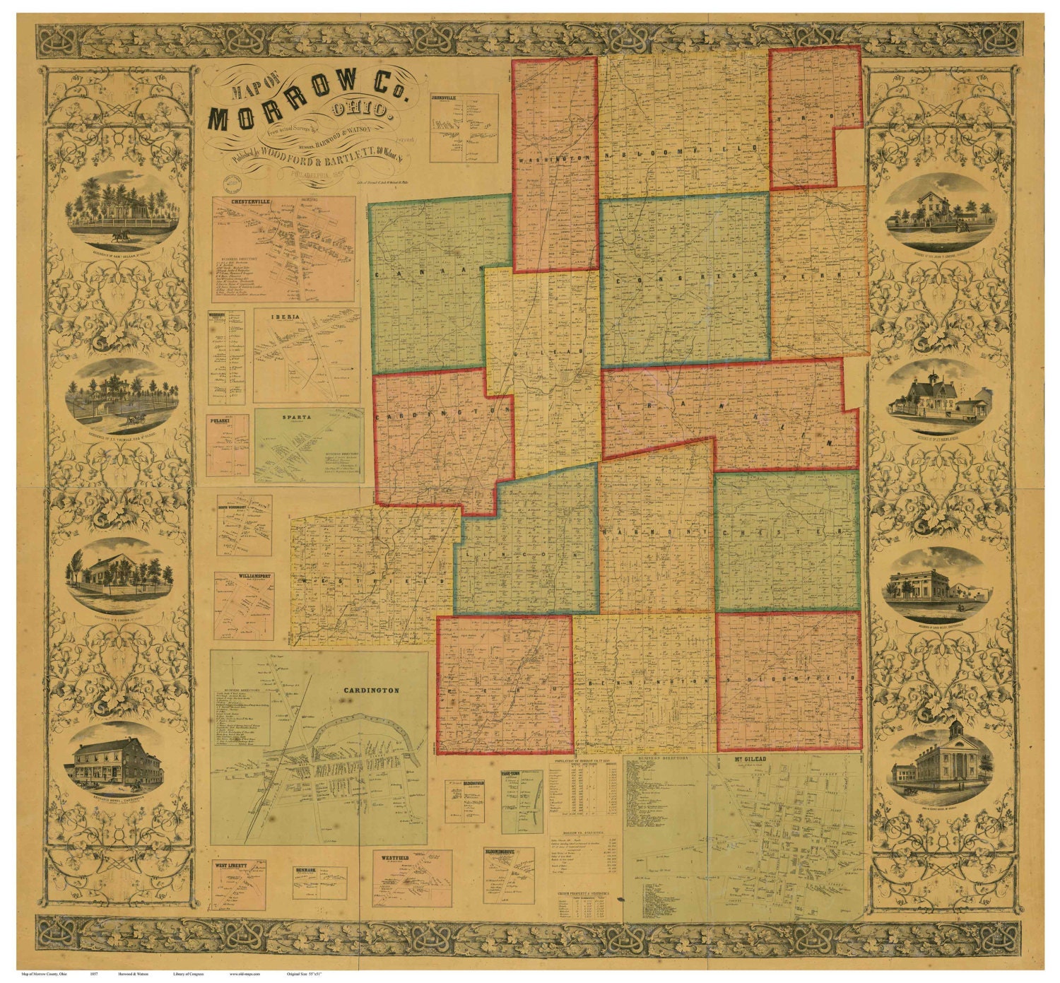 Morrow County Ohio 1857 Old Wall Map Reprint with Homeowner