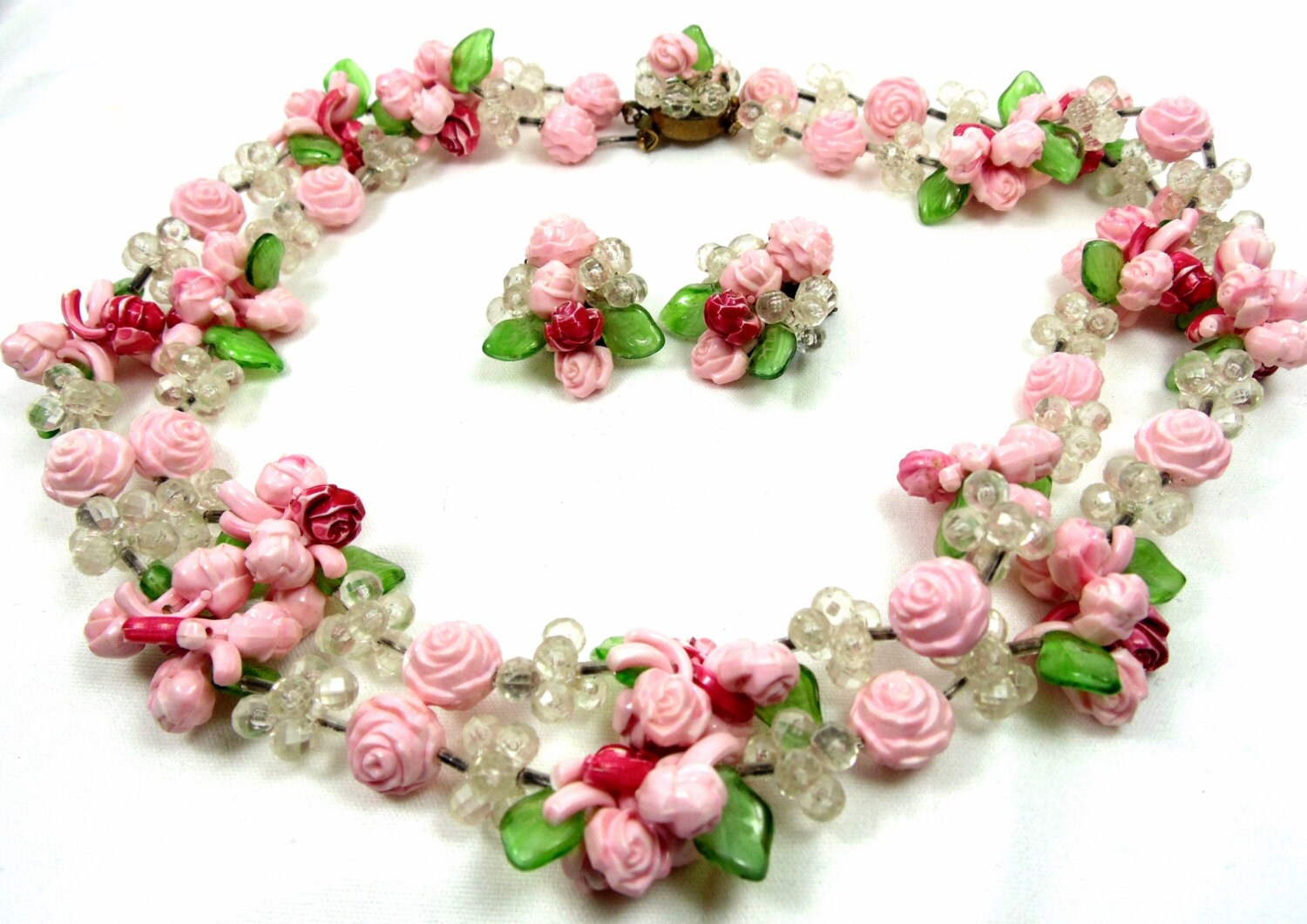 W. Germany Flower Jewelry Set Necklace Clip Earrings