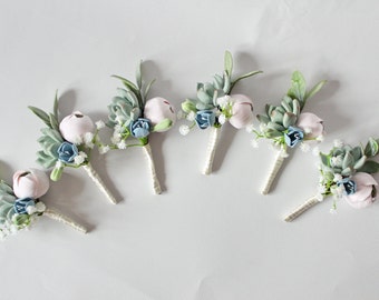 Wedding Boutonniere Grooms Button hole Rustic Groomsman Boutonniere Green Dusty blue Wedding boutonniere Succulent Boutonniere Clay flowers
