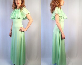 Vintage Mint Green Ruffled Maxi Gown Floor Length Dress XS/S