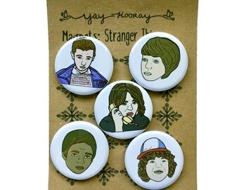 Stranger Things, pin button badges, magnets hand drawn illustrations, Eleven, Winona Ryder, Dustin Henderson, Lucas Sinclair, Mike Wheeler