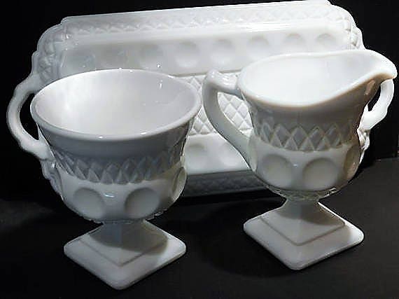 Milk Glass Wedding Decor Mid Century 1960s Vintage Sugar Creamer Tray Indiana Colony Thumbprint White Milk Glass Wedding Table Decoration