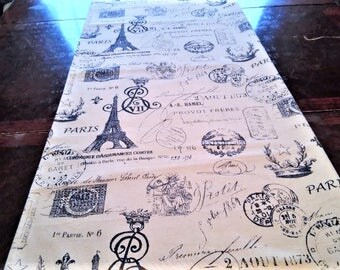 Table Runner, Script Table Linen, French Eiffel Tower, Navy Blue Table Cloth/Scarf, French, Banquet, 16''x84'' Buffet Runner, Dresser Scarf