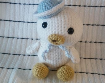 Crochet Small Stuffed Animal Gift White Duck Baby Blue Sailor Hat and Shawl Free Shipping Inexpensive Baby Shower Birthday Christmas Gift