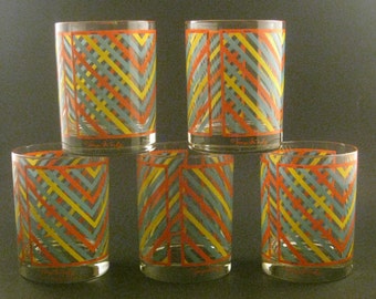 Vintage Georges Briard Glasses (5), Chevron Pattern, Blue Yellow Red/Orange, Double Old Fashioned Rocks, Mid Century Barware