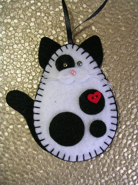 Cat Ornament White and Black Cat Ornament Felt Black and