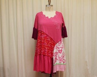Plus size Boho dress Pink long top Shabby chic dress Summer clothes Loose fit dress Ladies fashion upcycled clothing Festival wear 2X-3X
