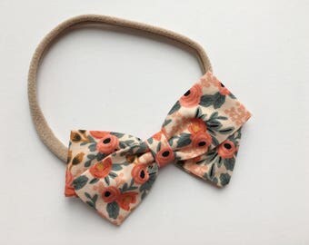 SALE-Baby Girl, Toddler, Girls Handmade Fabric Bow-Rifle Paper Co. Fabric in Rosa Peach