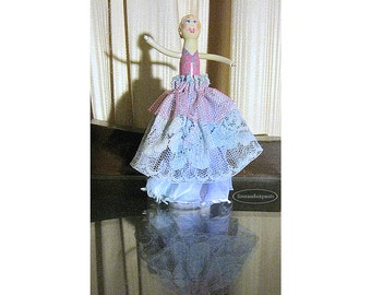 Peg Doll, Hand painted, Pink and Teal Lady, clothespin doll, haute couture, wood satin lace, acrylic paint, miniature doll, art doll
