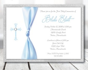 Boy First Communion Invitation Boy Blue and Silver