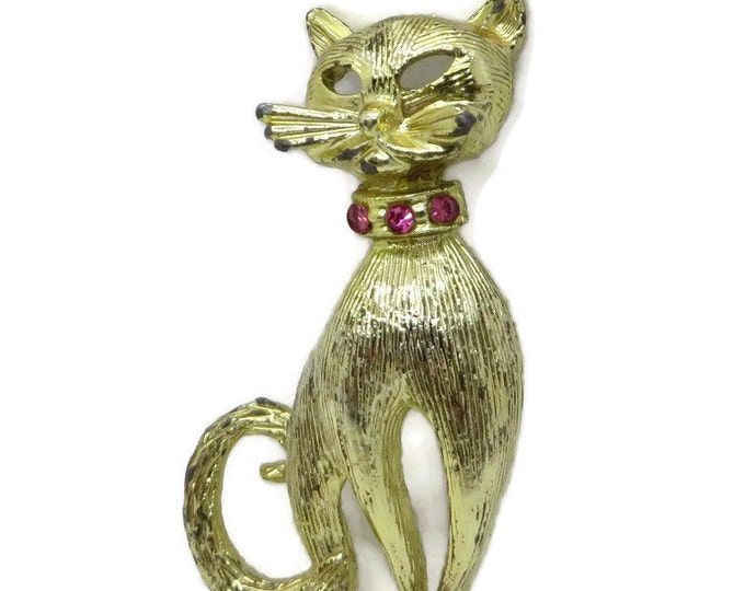 Gold Cat Brooch, Vintage Gold Tone Kitty Pin, Rhinestone Studded Pin, Kitty Kat Pin, Gift Idea