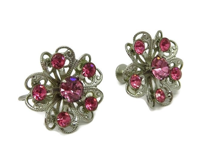 Vintage Pink Rhinestone Flower Earrings, Silvertone Screw Back Earrings