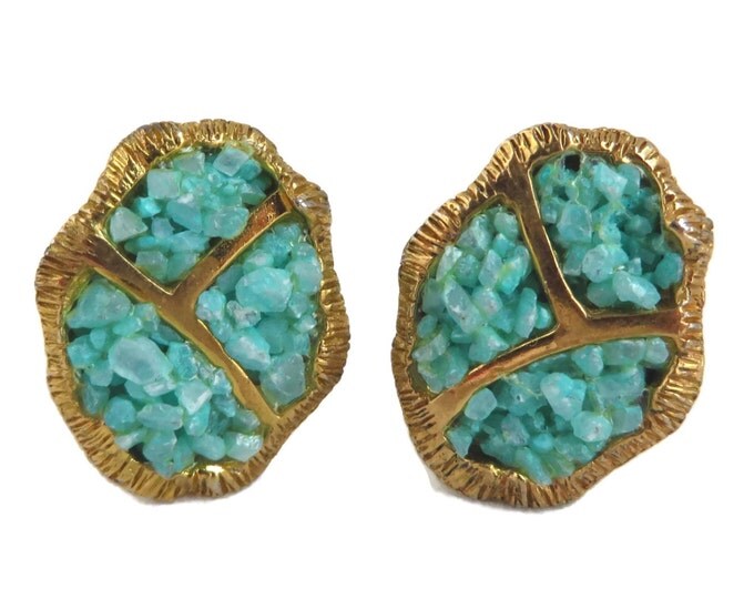 Turquoise Beaded Gold Tone Earrings - Vintage Hattie Carnegie Clip-on Earrings, Gift for Her
