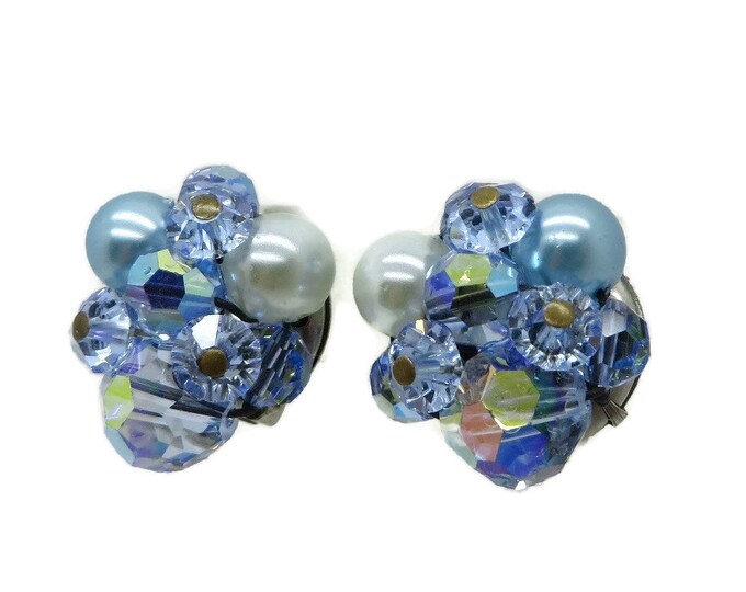 Blue and White Cluster Bead Earrings, Vintage Rhinestone and Faux Pearl Clip-on Earrings, Bridal Jewelry